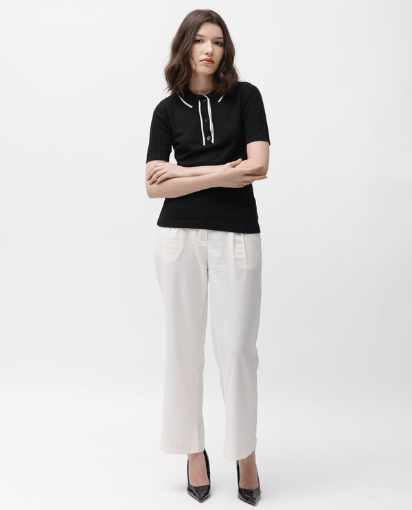 Rareism Women Knitup Black Cotton Fabric Short Sleeves Button Closure Shirt Collar Regular Fit Plain Sweater