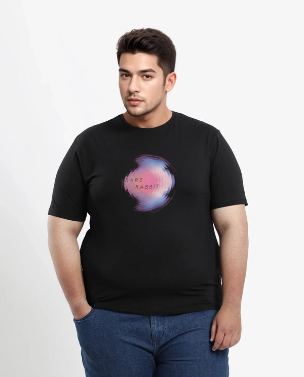 Rare Rabbit Men's Knobel Black Crew Neck Graphic Printed Half Sleeves Slim Fit T-Shirt Plus Size