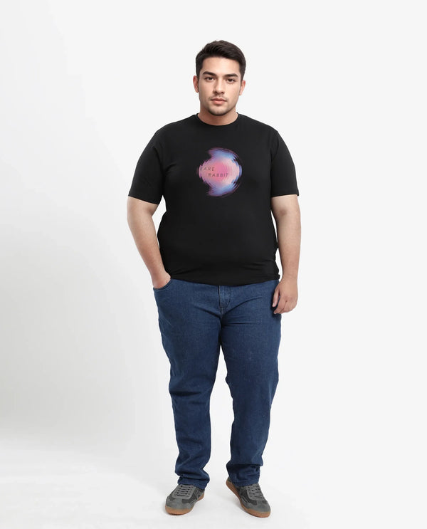 Rare Rabbit Men's Knobel Black Crew Neck Graphic Printed Half Sleeves Slim Fit T-Shirt Plus Size