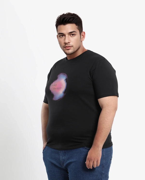 Rare Rabbit Men's Knobel Black Crew Neck Graphic Printed Half Sleeves Slim Fit T-Shirt Plus Size