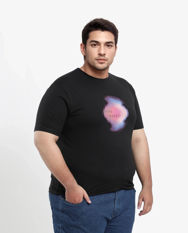 Rare Rabbit Men's Knobel Black Crew Neck Graphic Printed Half Sleeves Slim Fit T-Shirt Plus Size