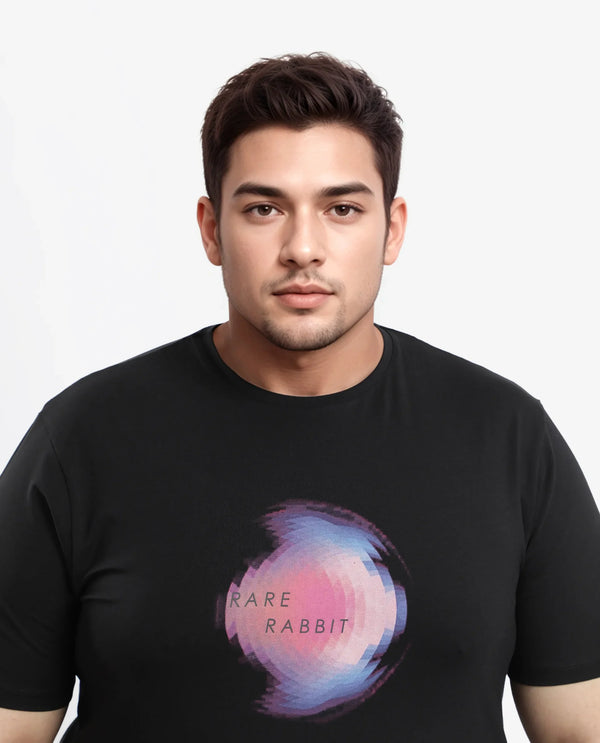 Rare Rabbit Men's Knobel Black Crew Neck Graphic Printed Half Sleeves Slim Fit T-Shirt Plus Size