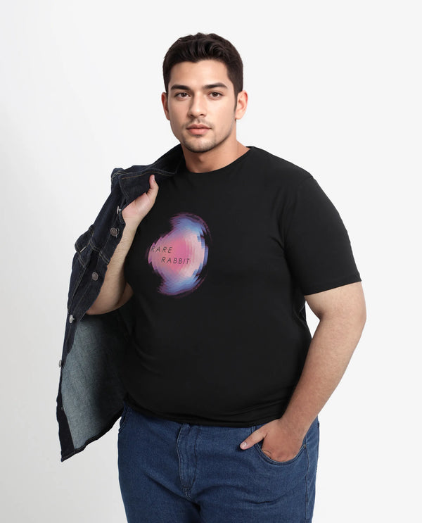 Rare Rabbit Men's Knobel Black Crew Neck Graphic Printed Half Sleeves Slim Fit T-Shirt Plus Size