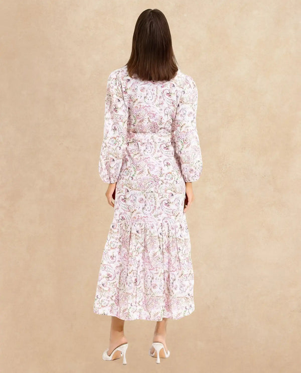 Rareism Women Koa Light Multi Cuffed Sleeve V-Neck A-Line Paisley Midi Dress