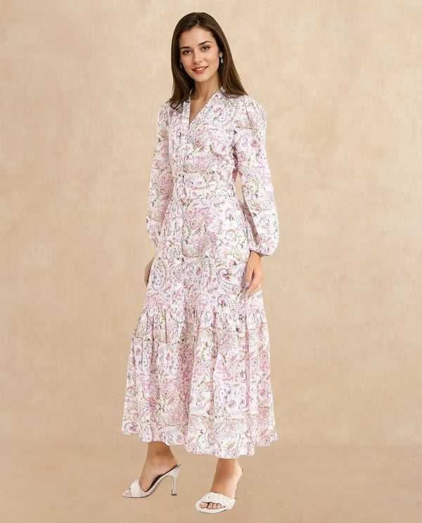 Rareism Women Koa Light Multi Cuffed Sleeve V-Neck A-Line Paisley Midi Dress