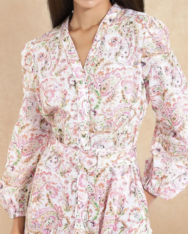 Rareism Women Koa Light Multi Cuffed Sleeve V-Neck A-Line Paisley Midi Dress