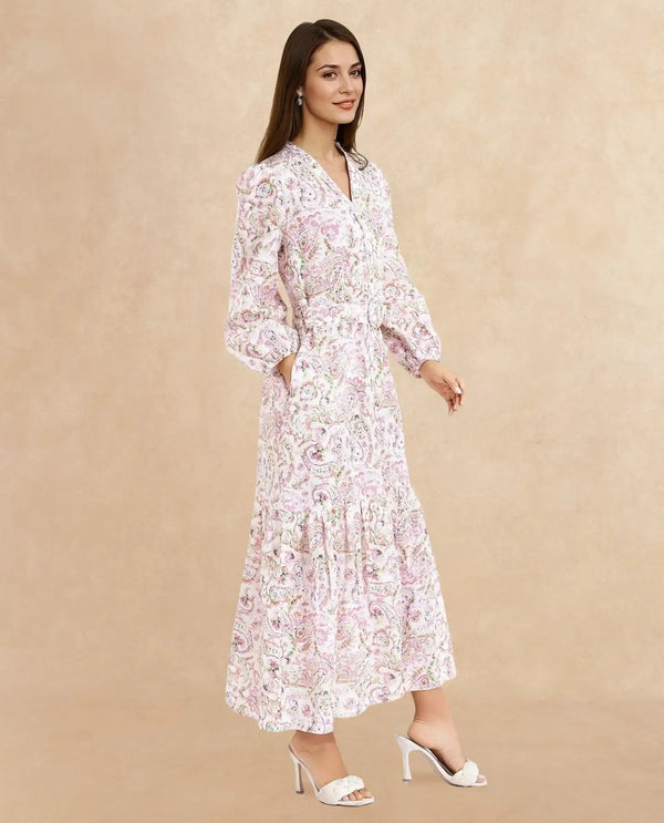 Rareism Women Koa Light Multi Cuffed Sleeve V-Neck A-Line Paisley Midi Dress