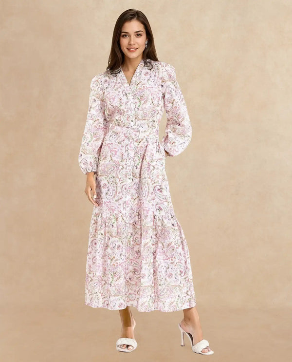 Rareism Women Koa Light Multi Cuffed Sleeve V-Neck A-Line Paisley Midi Dress