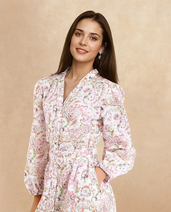 Rareism Women Koa Light Multi Cuffed Sleeve V-Neck A-Line Paisley Midi Dress