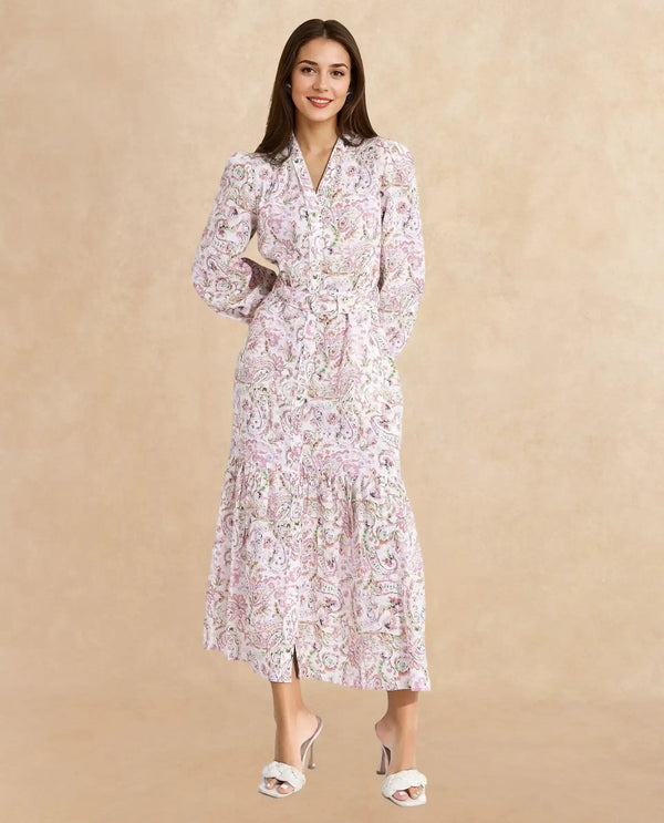 Rareism Women Koa Light Multi Cuffed Sleeve V-Neck A-Line Paisley Midi Dress