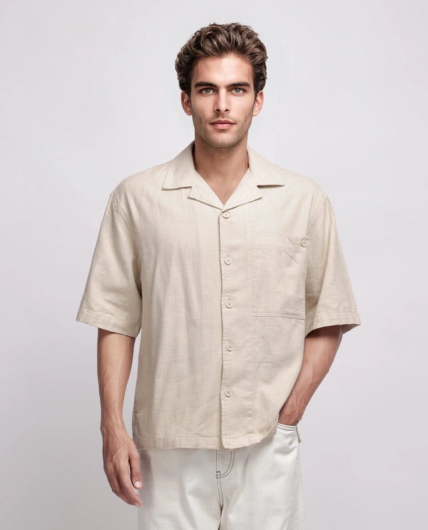 Rare Rabbit Men's Koba Beige Cotton Fabric Short Sleeve Cuban Neck Button Closure Plain Shirt