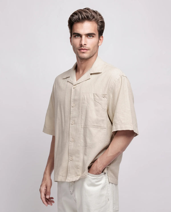 Rare Rabbit Men's Koba Beige Cotton Fabric Short Sleeve Cuban Neck Button Closure Plain Shirt