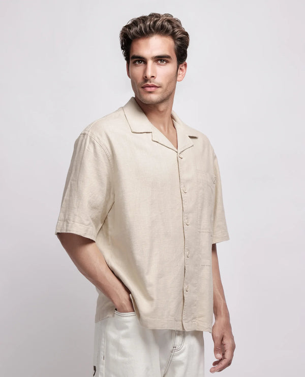 Rare Rabbit Men's Koba Beige Cotton Fabric Short Sleeve Cuban Neck Button Closure Plain Shirt