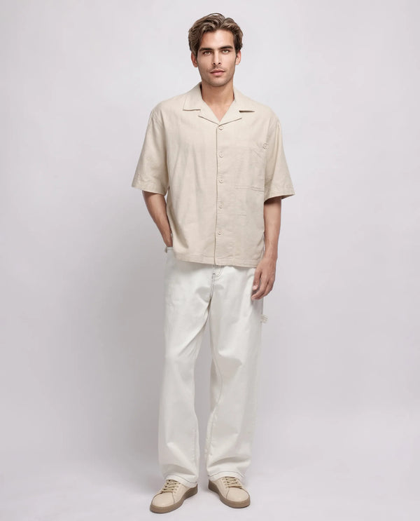 Rare Rabbit Men's Koba Beige Cotton Fabric Short Sleeve Cuban Neck Button Closure Plain Shirt