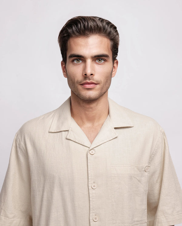 Rare Rabbit Men's Koba Beige Cotton Fabric Short Sleeve Cuban Neck Button Closure Plain Shirt