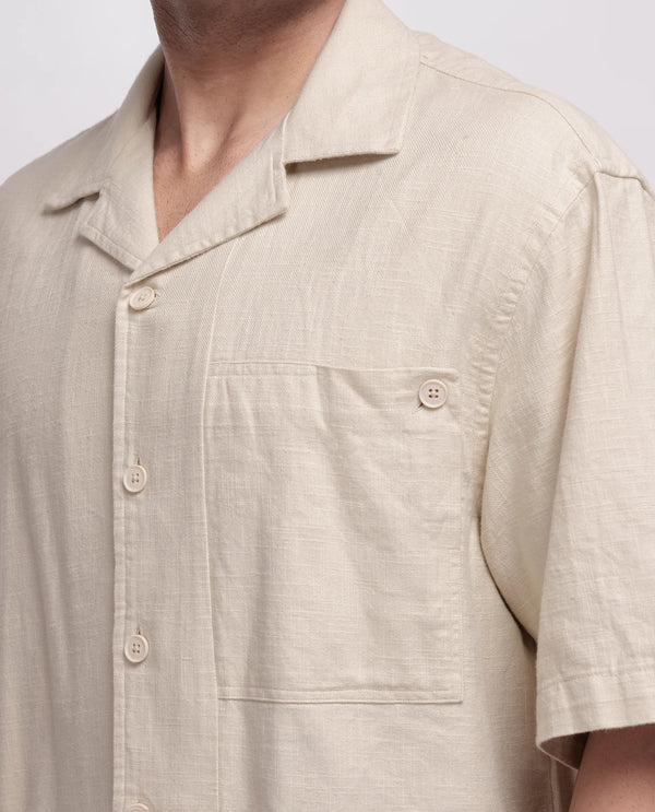 Rare Rabbit Men's Koba Beige Cotton Fabric Short Sleeve Cuban Neck Button Closure Plain Shirt