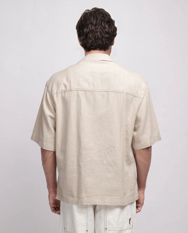 Rare Rabbit Men's Koba Beige Cotton Fabric Short Sleeve Cuban Neck Button Closure Plain Shirt