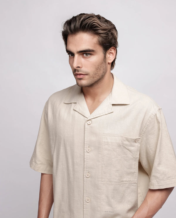 Rare Rabbit Men's Koba Beige Cotton Fabric Short Sleeve Cuban Neck Button Closure Plain Shirt
