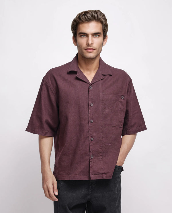 Rare Rabbit Men's Koba Dark Brown Cotton Fabric Short Sleeve Cuban Neck Button Closure Plain Shirt