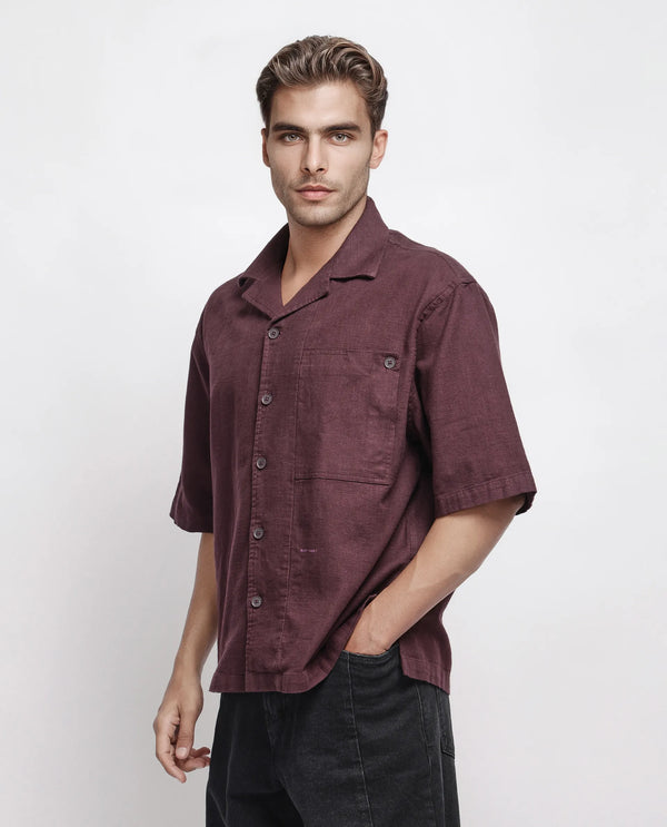 Rare Rabbit Men's Koba Dark Brown Cotton Fabric Short Sleeve Cuban Neck Button Closure Plain Shirt