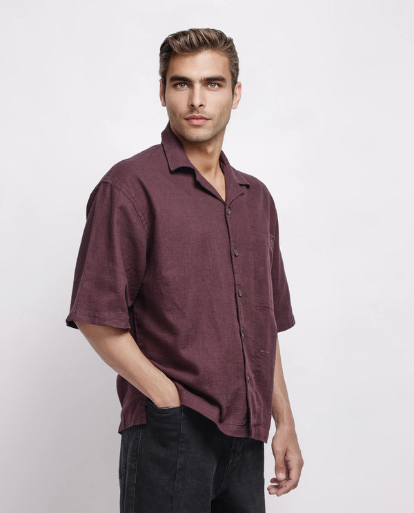 Rare Rabbit Men's Koba Dark Brown Cotton Fabric Short Sleeve Cuban Neck Button Closure Plain Shirt