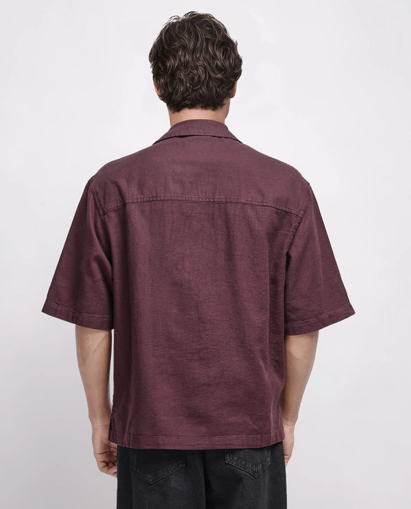 Rare Rabbit Men's Koba Dark Brown Cotton Fabric Short Sleeve Cuban Neck Button Closure Plain Shirt