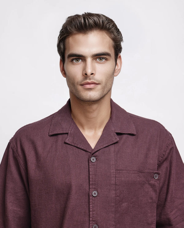 Rare Rabbit Men's Koba Dark Brown Cotton Fabric Short Sleeve Cuban Neck Button Closure Plain Shirt