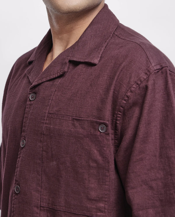 Rare Rabbit Men's Koba Dark Brown Cotton Fabric Short Sleeve Cuban Neck Button Closure Plain Shirt