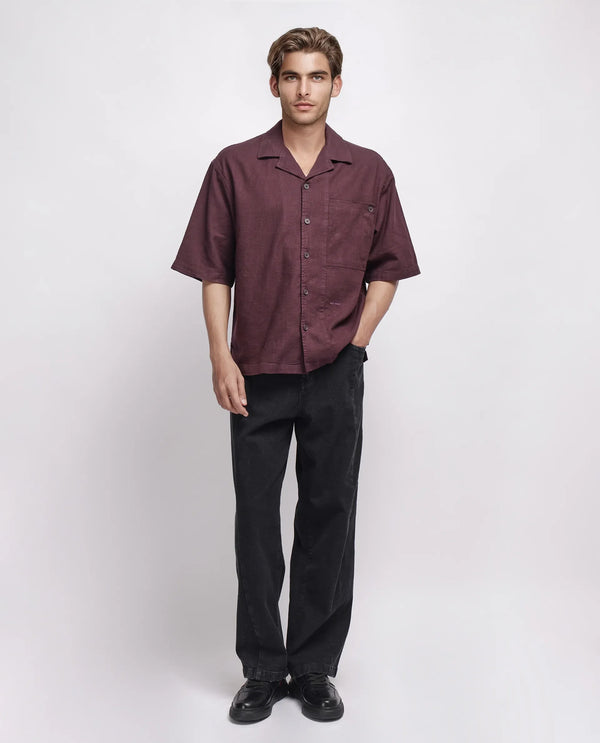 Rare Rabbit Men's Koba Dark Brown Cotton Fabric Short Sleeve Cuban Neck Button Closure Plain Shirt