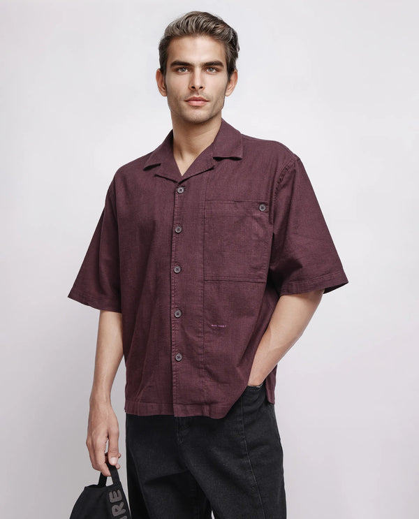 Rare Rabbit Men's Koba Dark Brown Cotton Fabric Short Sleeve Cuban Neck Button Closure Plain Shirt