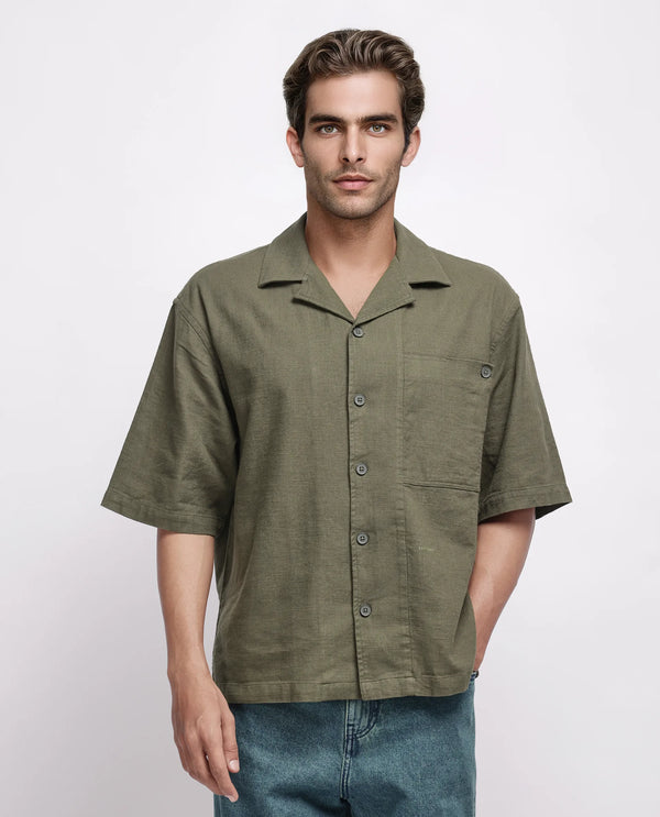 Rare Rabbit Men's Koba Olive Cotton Fabric Short Sleeve Cuban Neck Button Closure Plain Shirt