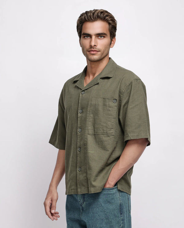 Rare Rabbit Men's Koba Olive Cotton Fabric Short Sleeve Cuban Neck Button Closure Plain Shirt