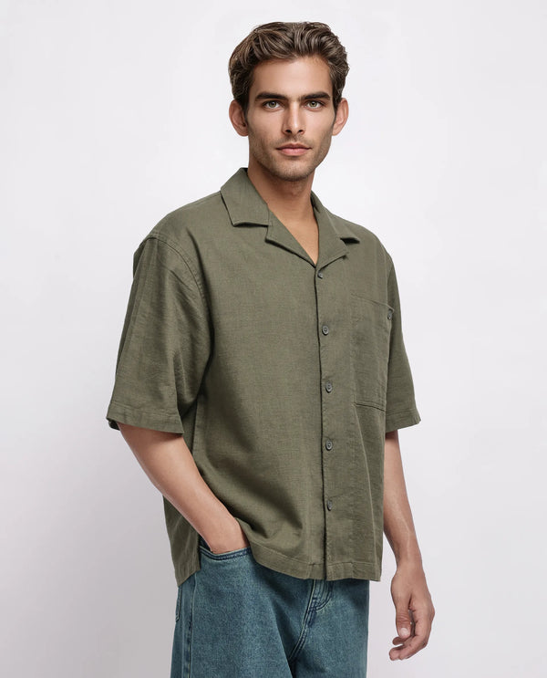 Rare Rabbit Men's Koba Olive Cotton Fabric Short Sleeve Cuban Neck Button Closure Plain Shirt