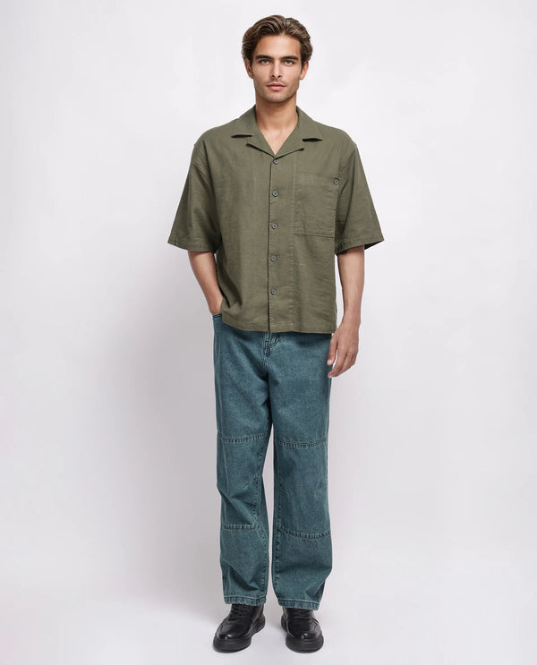 Rare Rabbit Men's Koba Olive Cotton Fabric Short Sleeve Cuban Neck Button Closure Plain Shirt