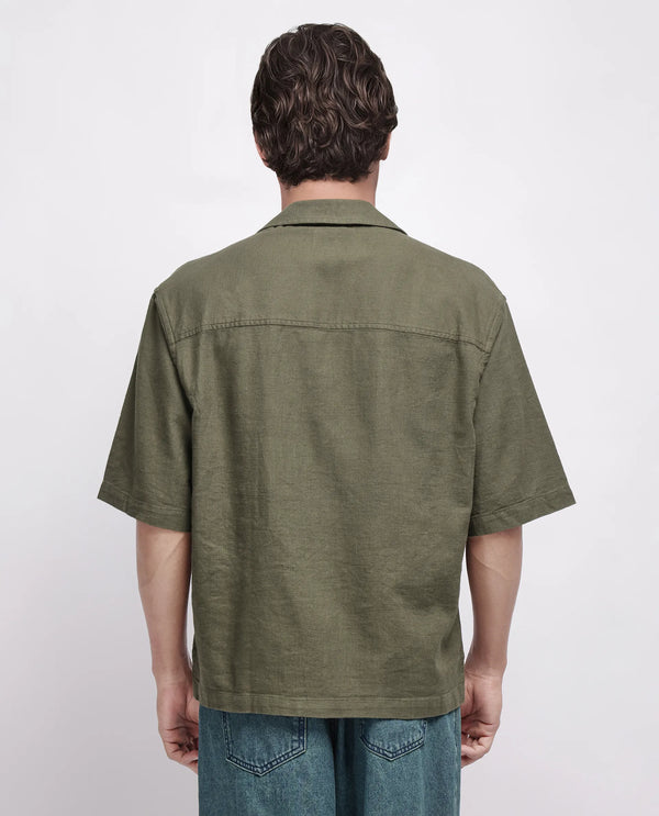 Rare Rabbit Men's Koba Olive Cotton Fabric Short Sleeve Cuban Neck Button Closure Plain Shirt
