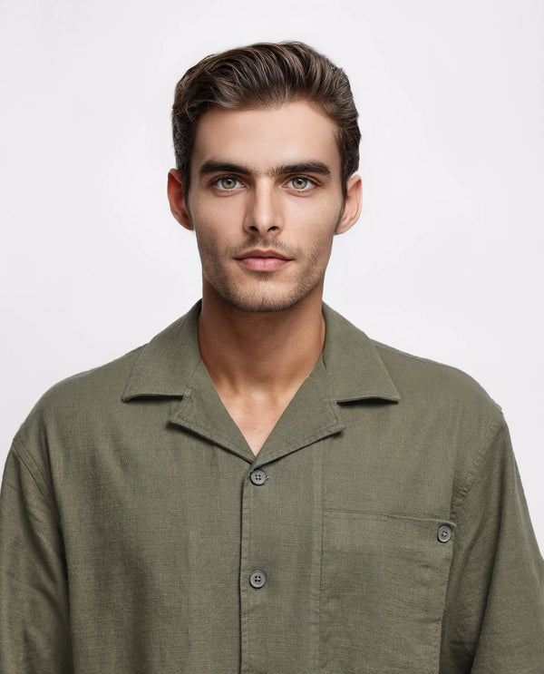 Rare Rabbit Men's Koba Olive Cotton Fabric Short Sleeve Cuban Neck Button Closure Plain Shirt