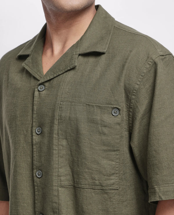 Rare Rabbit Men's Koba Olive Cotton Fabric Short Sleeve Cuban Neck Button Closure Plain Shirt