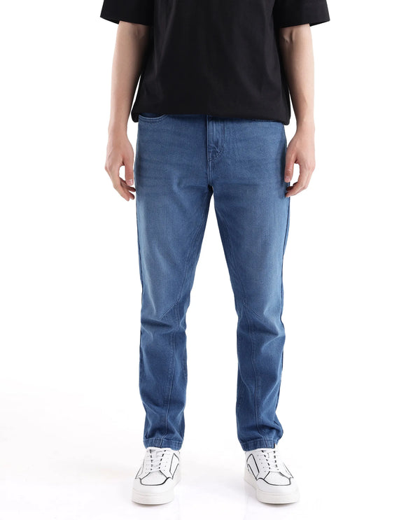 Rare Rabbit Men's Kobet Blue Cotton Fabric Mid Wash Mid Rise Regular Fit Cut and Sew Jeans