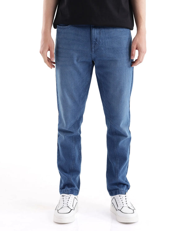 Rare Rabbit Men's Kobet Blue Cotton Fabric Mid Wash Mid Rise Regular Fit Cut and Sew Jeans