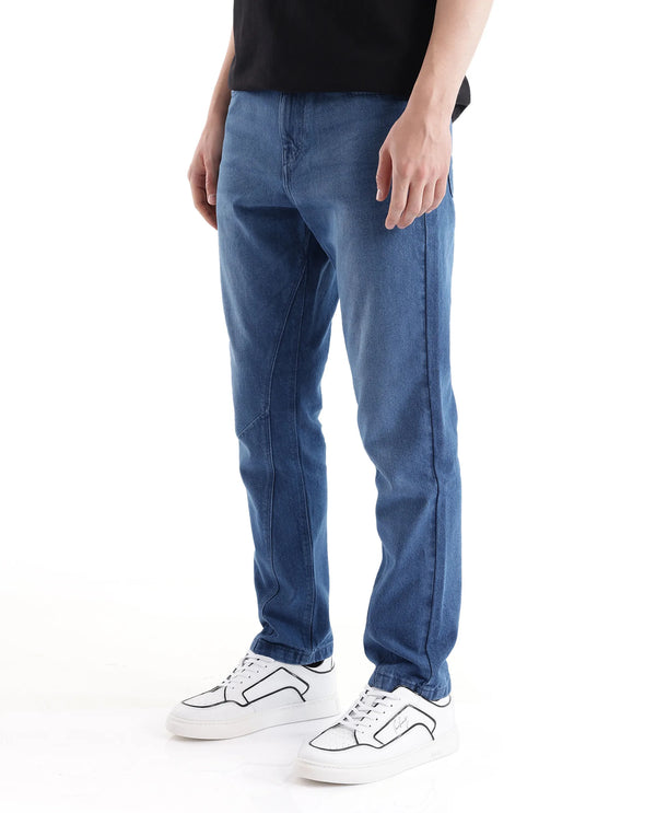 Rare Rabbit Men's Kobet Blue Cotton Fabric Mid Wash Mid Rise Regular Fit Cut and Sew Jeans