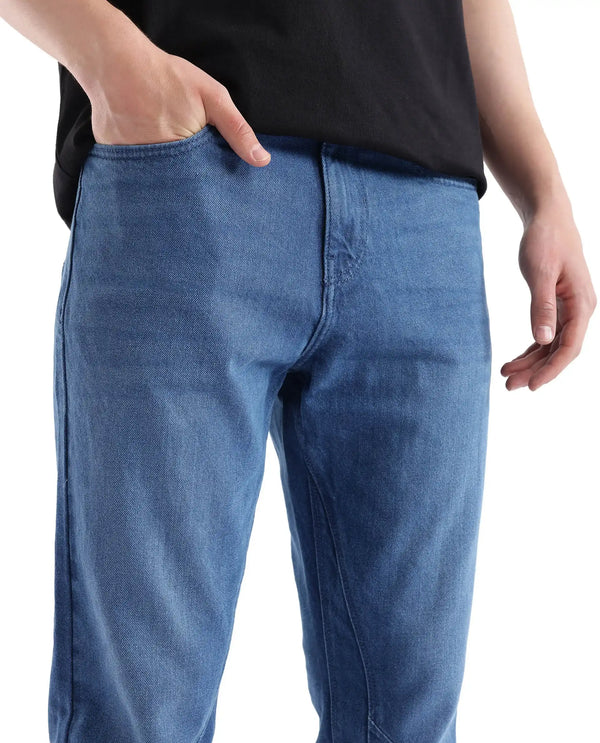 Rare Rabbit Men's Kobet Blue Cotton Fabric Mid Wash Mid Rise Regular Fit Cut and Sew Jeans