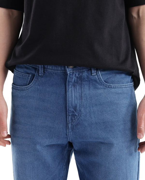 Rare Rabbit Men's Kobet Blue Cotton Fabric Mid Wash Mid Rise Regular Fit Cut and Sew Jeans
