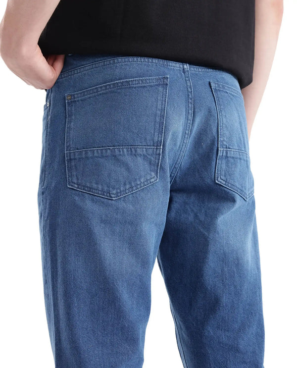 Rare Rabbit Men's Kobet Blue Cotton Fabric Mid Wash Mid Rise Regular Fit Cut and Sew Jeans