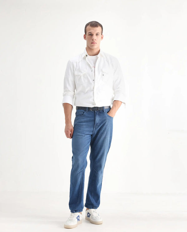 Rare Rabbit Men's Kobet Blue Cotton Fabric Mid Wash Mid Rise Regular Fit Cut and Sew Jeans