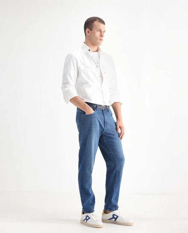 Rare Rabbit Men's Kobet Blue Cotton Fabric Mid Wash Mid Rise Regular Fit Cut and Sew Jeans
