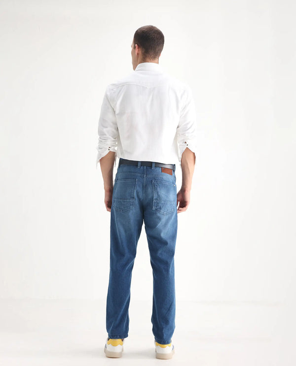 Rare Rabbit Men's Kobet Blue Cotton Fabric Mid Wash Mid Rise Regular Fit Cut and Sew Jeans