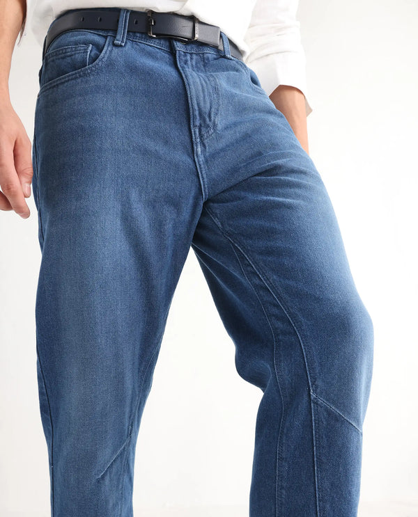 Rare Rabbit Men's Kobet Blue Cotton Fabric Mid Wash Mid Rise Regular Fit Cut and Sew Jeans