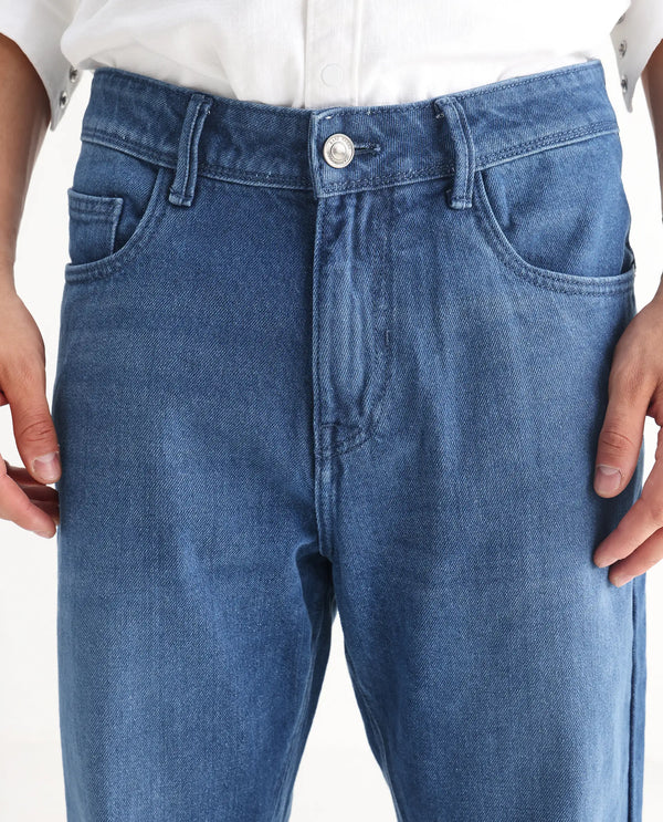 Rare Rabbit Men's Kobet Blue Cotton Fabric Mid Wash Mid Rise Regular Fit Cut and Sew Jeans