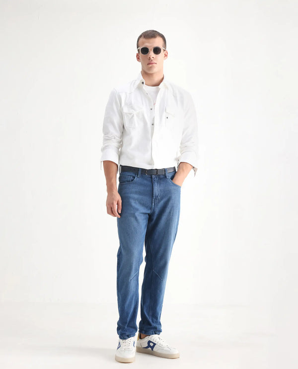 Rare Rabbit Men's Kobet Blue Cotton Fabric Mid Wash Mid Rise Regular Fit Cut and Sew Jeans