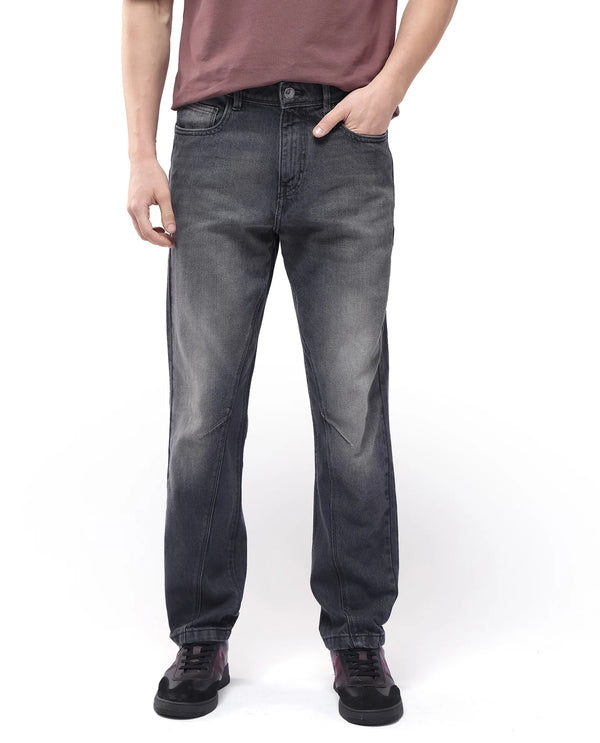 Rare Rabbit Men's Kobet Grey Cotton Fabric Mid Wash Mid Rise Regular Fit Cut and Sew Jeans
